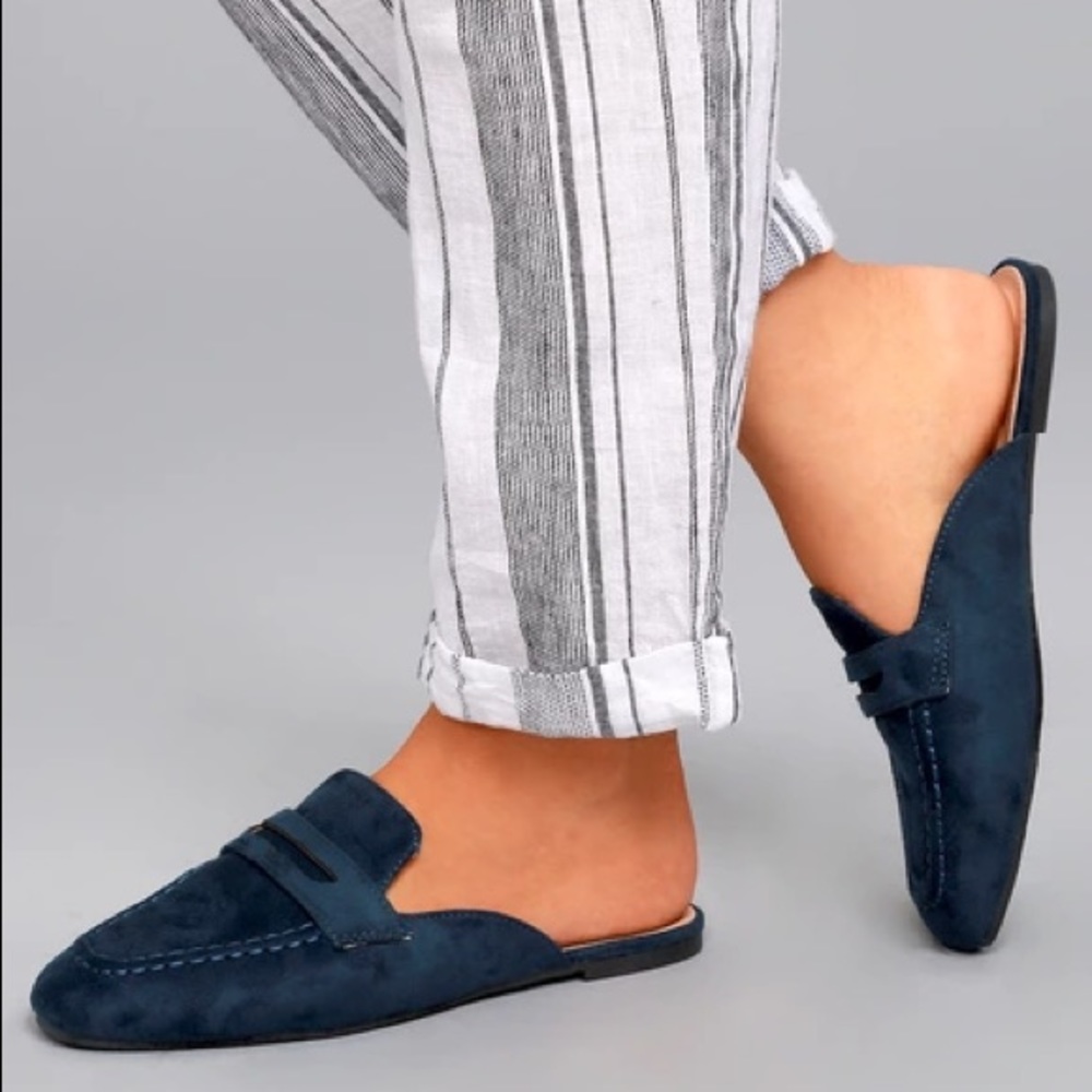 NAVY SUEDE LOAFER SLIDES